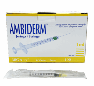 Jeringa de 1 ml amarilla 30G x 13 mm Ambiderm con 100 piezas